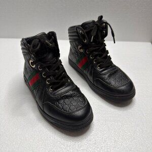 Gucci Boys Black High Top Sneakers GG Guccissima Web Stripe Lace Up Shoes